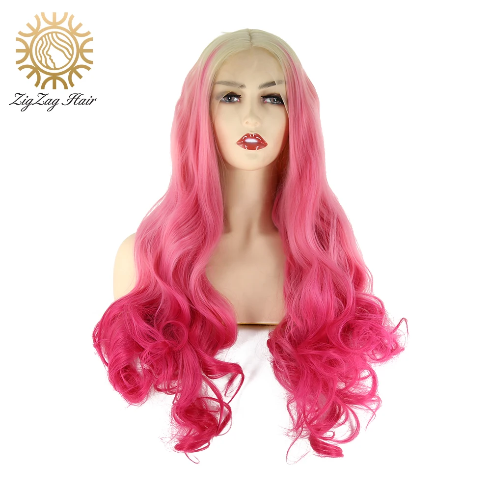 

ZigZag Blonde Ombre Pink Red Wavy Wig Long Body Wave Synthetic Lace Front Wigs for White Women Cosplay Heat Resistant Fiber Hair