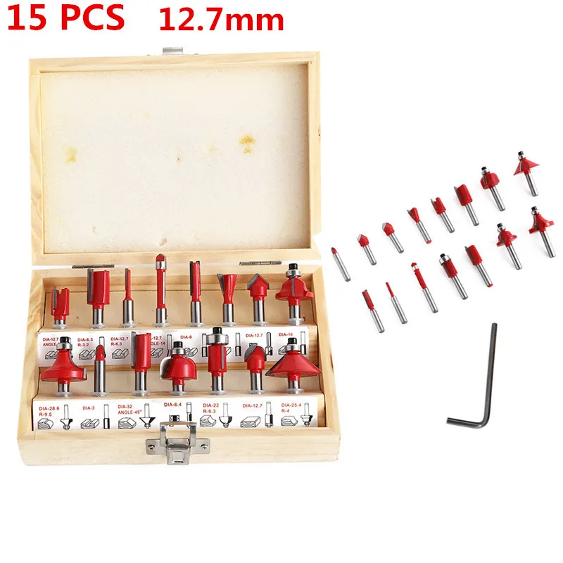 6 мм 6,35 мм набор фрез электрический ручной триммер Фрезерный резак твердосплавный хвостовик Деревообработка Обрезка гравировка резной инструмент - Цвет: RED 15pcs 12.7mm