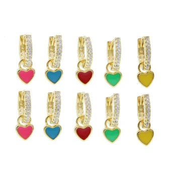 

2020 Cute Mini Lucky Girls Heart Drop Earrings Micro Paved CZ Crystal Hoop Red/Green/Blue/Pink Enamel Charming Pendant Earrings
