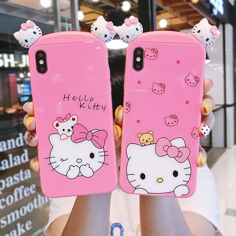 

Tempered Glass Soft Protector Anti-Dust Cover For Iphone 6 7 8 S Plus X XR XS XSMAX Lovely 3D Pink Kitty Cat Mobile Phone Case