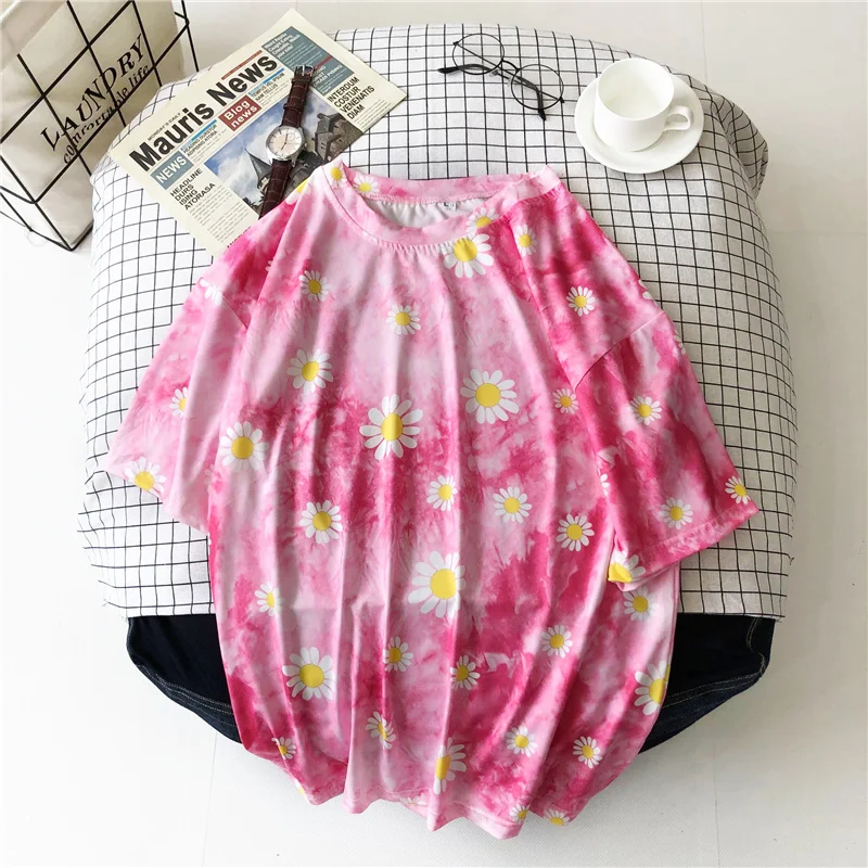 Tie-dye Summer T Shirt Women 2020 Letter Printed Female White Tee Tops O-Neck Oversize Tees Short Sleeve Femme Shirt L0478