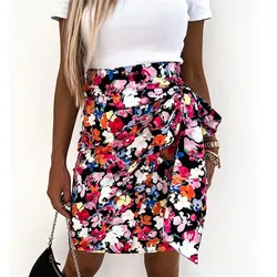 Verão babados de cintura alta laço saia feminina streetwear boho envoltório saias floral impressão magro bottoms irregulares mini saia