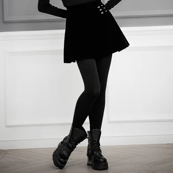 

PUNK RAVE Women Punk Metal Buckle Decorative Pleated Half Skirt Winter Velvet Punk Gothic Daily Skirt