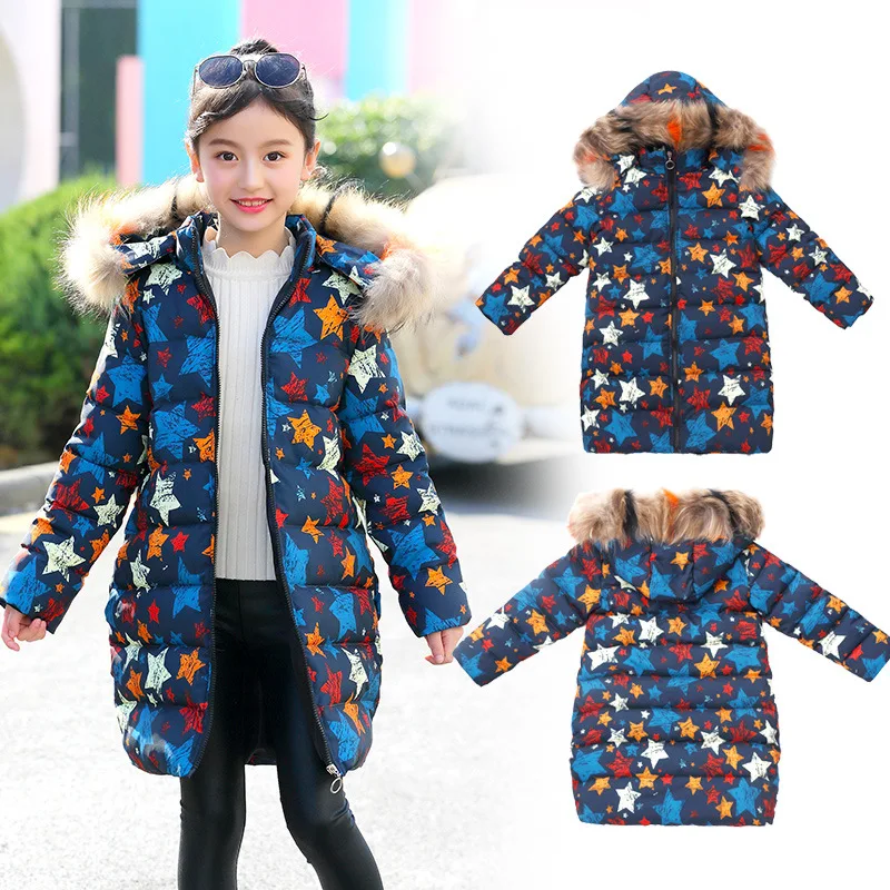 

New Kids Jackets for Girls Winter Coat Fashion Children Padded Coat Hooded Fur Collar Winter Thick Warm Outerwears Cotton Parkas
