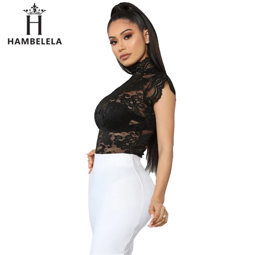 HAMBELELA Sexy Club Wear Hollow Out Lace Bodysuit Women High Neck Short Sleeve Lace Up Romper Skinny Feminino Bodycon Overalls (2)