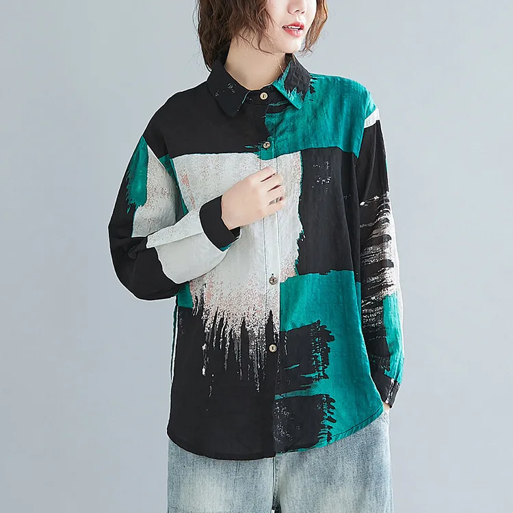 

Cotton And Linen Fashion Printing Loose Button Blouse Cardigan Leisure Shirt For Women Womens Tops And Blouses