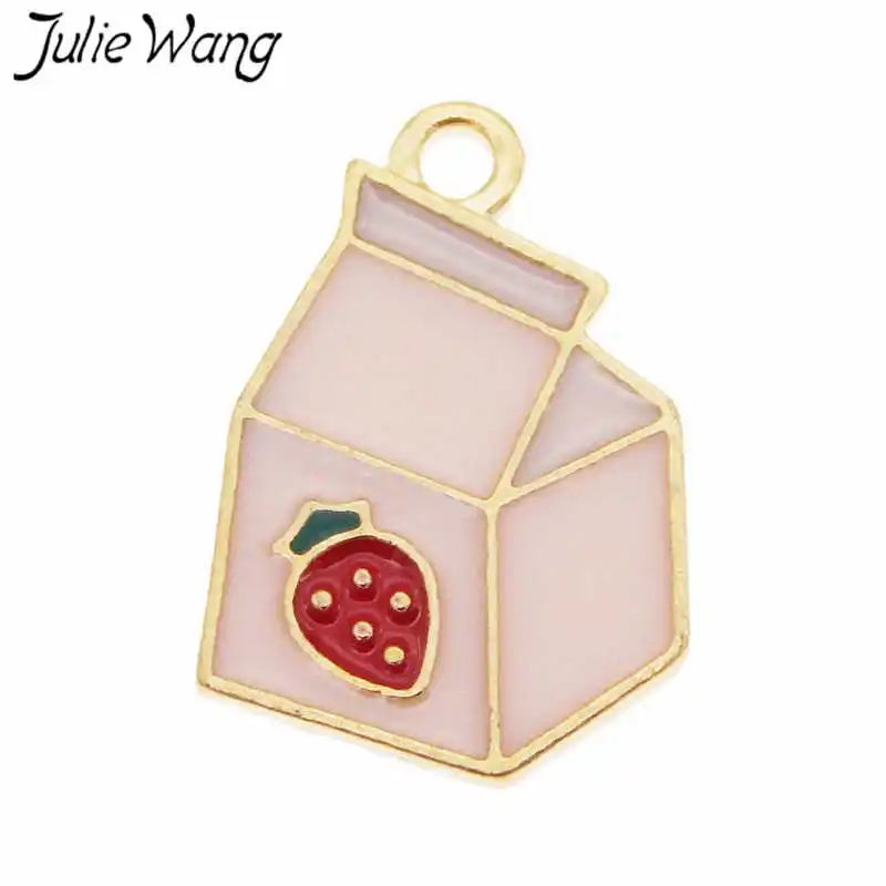 

Julie Wang 10pcs Enamel Pink Strawberry Milk Carton Charms Alloy Gold Tone Pendant Necklace Bracelet Jewelry Making Accessory