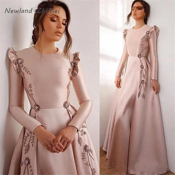 

Nude Pink Long Sleeves Fold Evening Dresses Elegant Long Beaded Appliques Satin Long Evening Gowns Vestidos De Fiesta De Noche