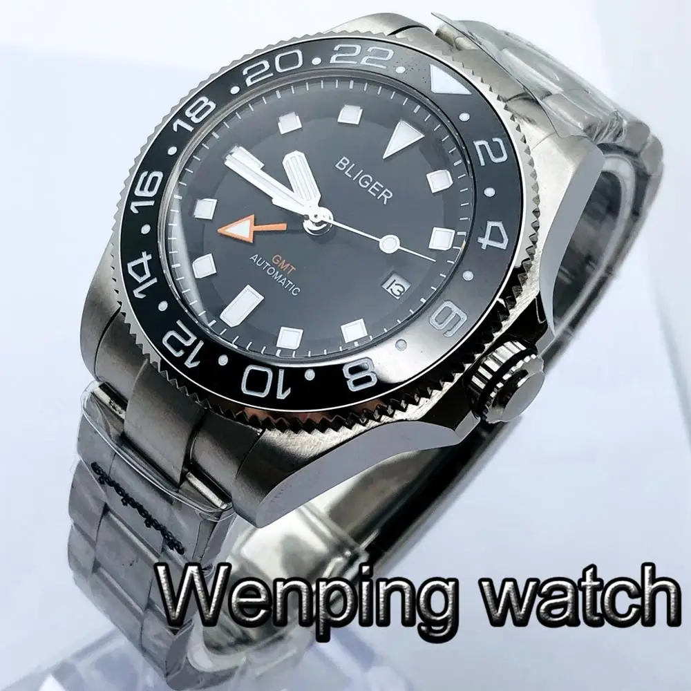 

Bliger 43 мм Мужские Роскошные часы GMT Серебряный чехол сапфировое стекло Керамическая рамка светящийся водонепроницаемый Мужские автоматические часы