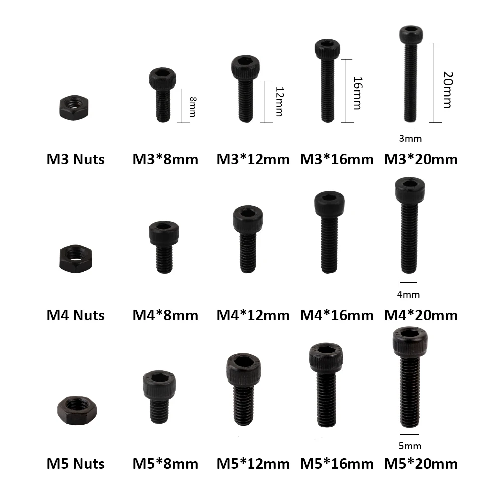 

500PCS M3~M5 Fine Quality Black Carbon Steel Cylinder Column Hex Hexagon Screw With Screw Nuts For Tesla Model 3 Bmw Ford VW