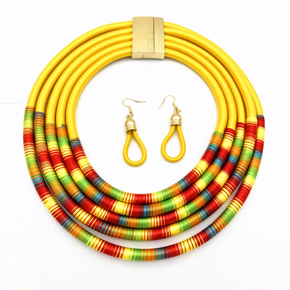Yellow Sets Африканское многослойное ожерелье-чокер, серьги, ювелирный набор для женщин, нагрудный воротник, массивное ожерелье, веревка, магнитная кнопка, ювелирные изделия в стиле бохо - Окраска металла: Yellow Sets