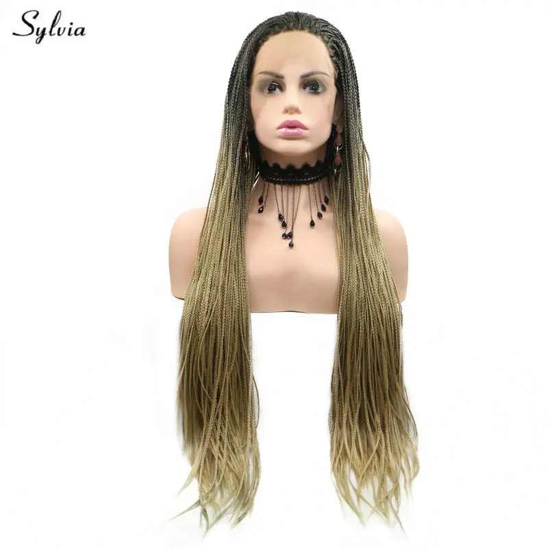 Sylvia черный корни Омбре коричневый/темно-синий/желтый блонд кружева спереди Плетеный парик синтетическая коробка оплетка парики для женщин вечерние длинные волосы