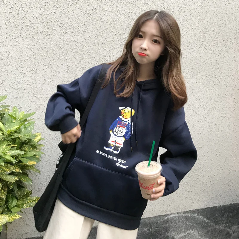 

2018 New Style Korean-style College Style Students Cute Cartoon Velvet Hoodie CEC Hoodie Women's Hooded plus Velvet Jacket