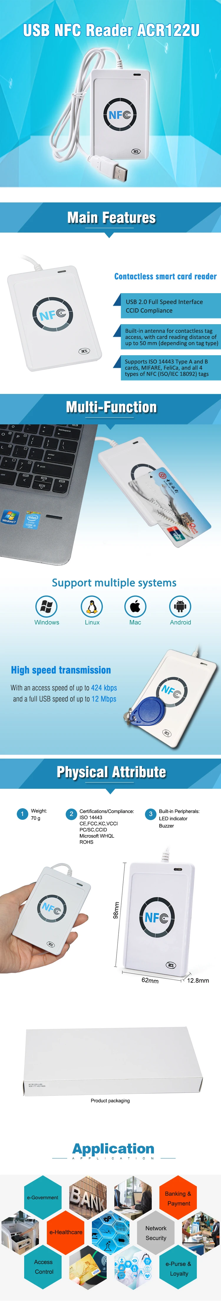 ACR122U USB 2,0 интерфейс NFC считыватель писатель/13,56 МГц NFC RFID Бесконтактный считыватель смарт-карт совместимый Android Windows Linux