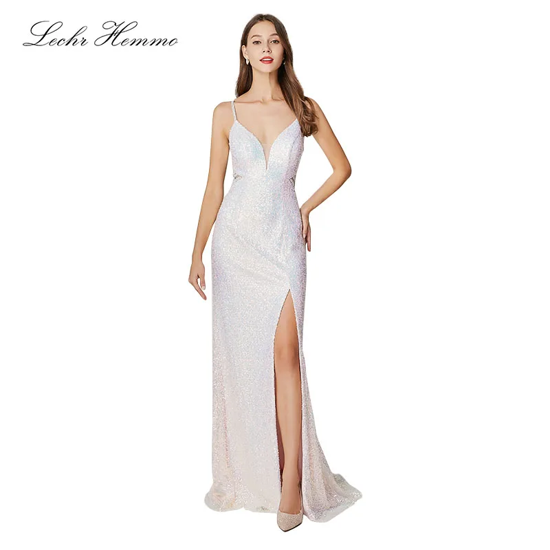 

Evening Dresses Long Female Ever Pretty Sexy Leg Slit Straight Sequin See-Through V-Neck Special Occasion Formal Party Gowns