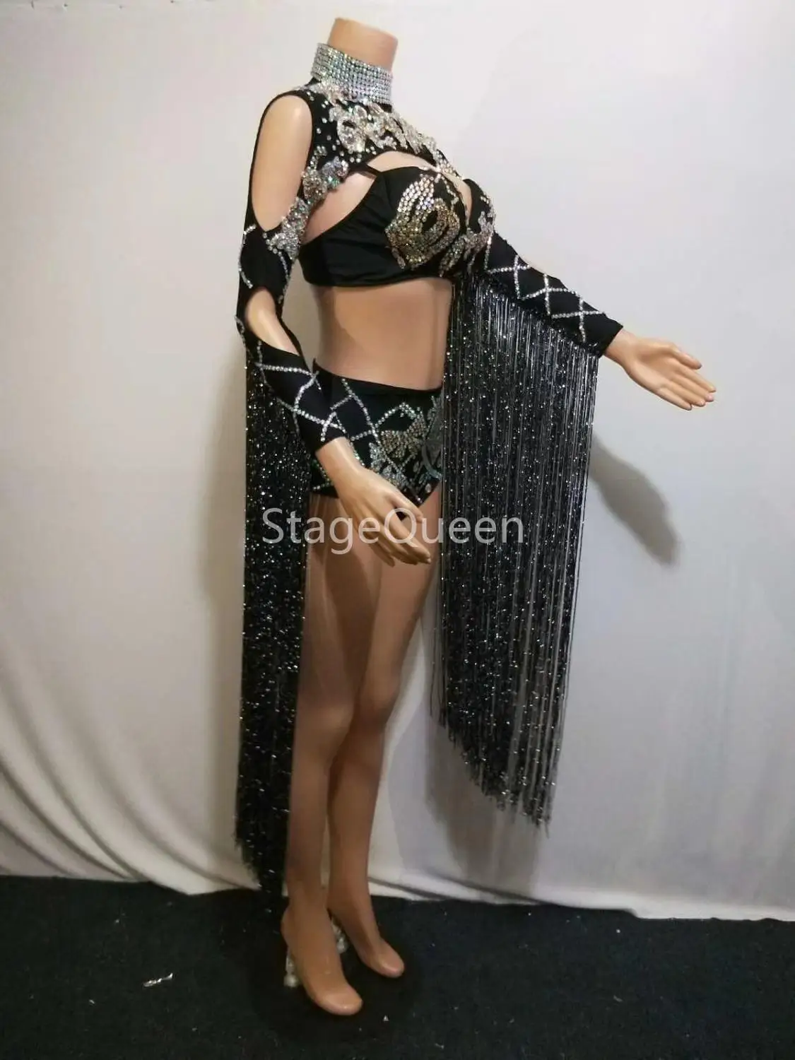 Сексуальная королева Роскошные Кристаллы черная кисточка танцевальная одежда яркий бюстгальтер со стразами короткая женская певица праздничное платье сценический костюм DS