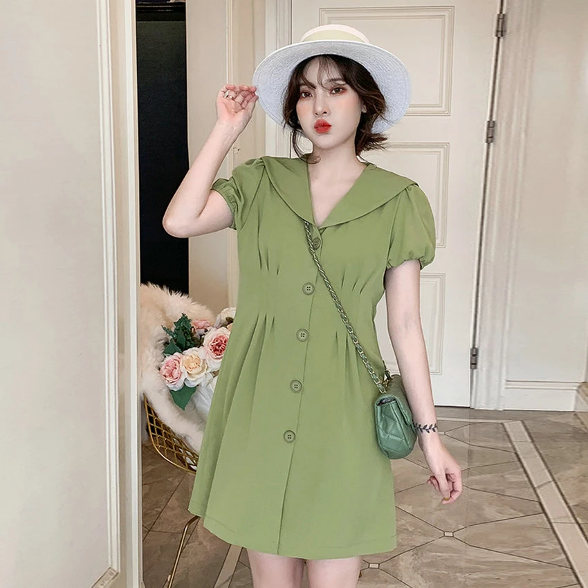 

French Style Lady Summer Elegant Shirt Dress Green Puff Short Sleeve Sailor Collar Button Open Single Breasted Empire Dresses