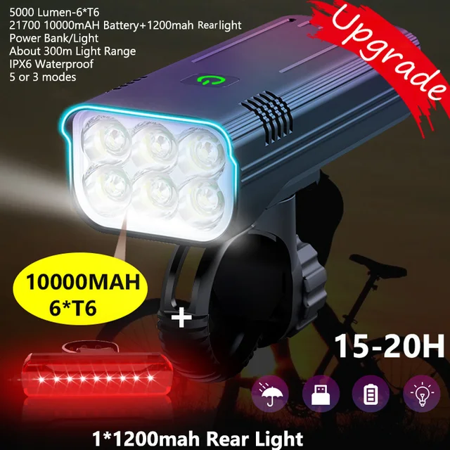 10000mAh Bike Light USB Rechargeable 5000 Lumens Bike Headlight 6T6 LED Super Bright Flashlight Front Lights and Back Rear light 6T6-10000mah set