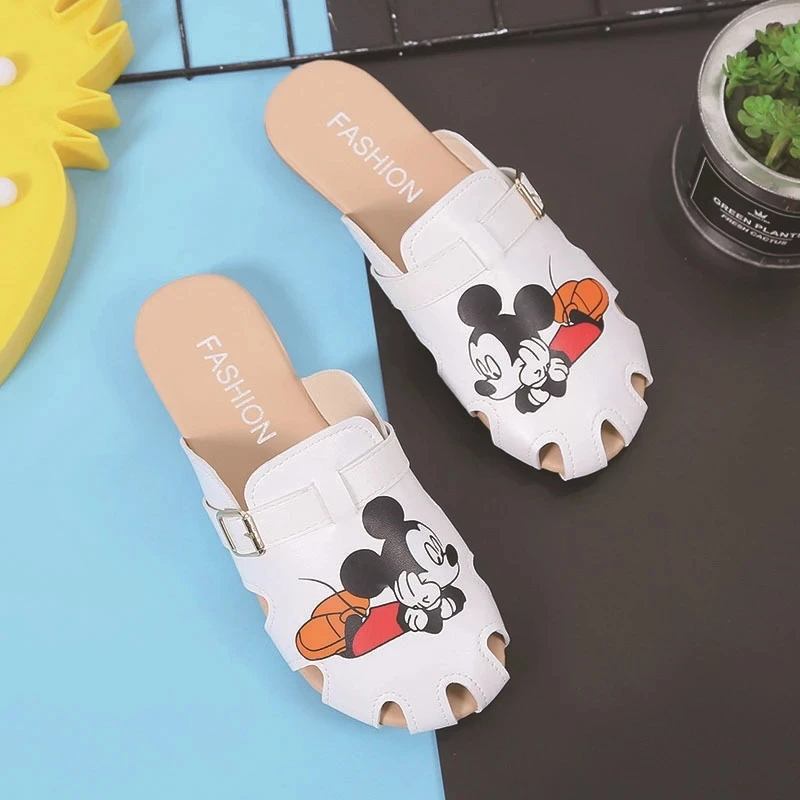 Летние шлепанцы Disney с мультяшным рисунком женские пляжные сандалии на плоской