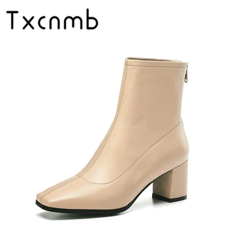 

TXCNMB Boots Women Autumn Winter Genuine Leather Ankle Boots Zipper 5.5cm High Heels Short Fashion Party Club Shoes Woman