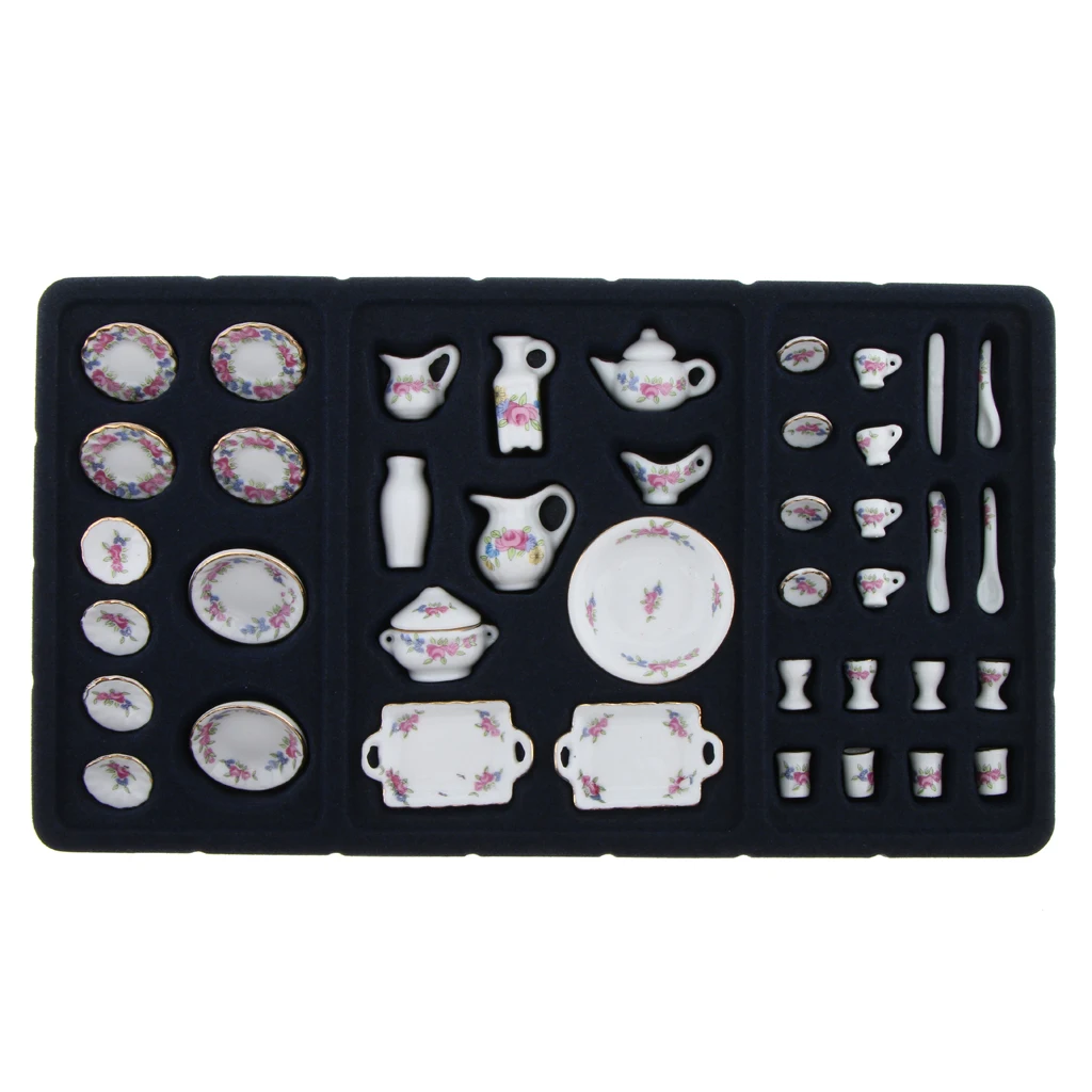 40pcs Dollhouse Miniatures Rose Flowers Ceramic Tea Set Pot Cup Plate