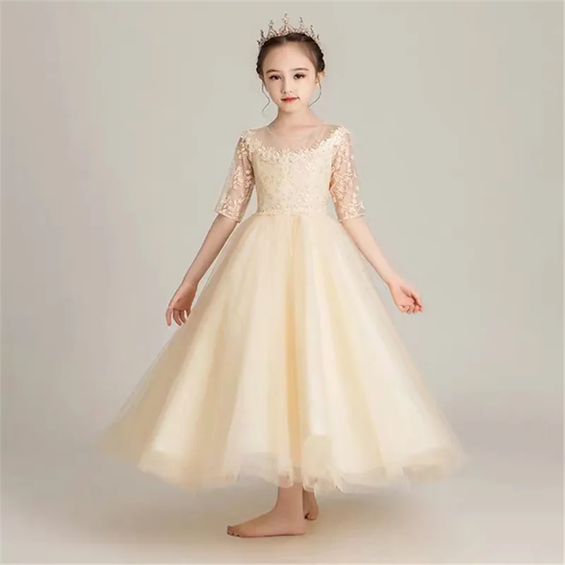 champagnelong dress Роскошное длинное платье принцессы на день рождения и свадьбу для маленьких детей от 2 до 14 лет Детское праздничное платье с роялем для маленьких девочек - Цвет: champagnelong dress