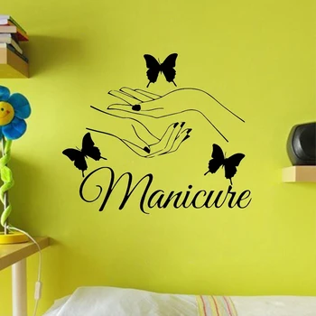 Billig Beauty Nail Salon Wall Sticker Manicure Wall Decals Butterfly Hands Room Salon Decoration Girls Bedroom Decor Vinyl Art Murals