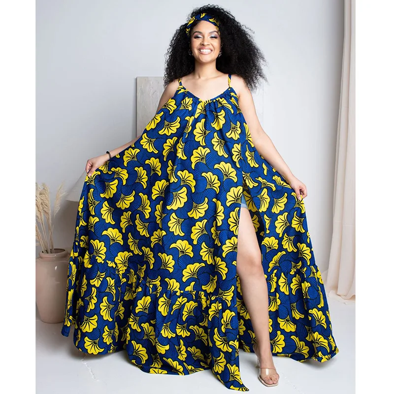 Loose African Maxi Dress Women 4XL Plus Size Spaghetti Strap Boubou Summer New Print Ruffle Patchwork African Beach Maxi Dresses african fashion style