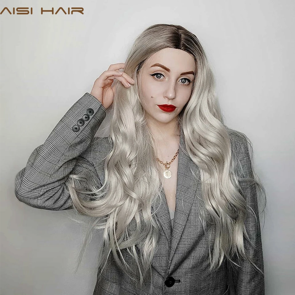 

AISI HAIR Long Wavy Wigs Ombre Platinum Blonde Wig Synthetic Wigs for African American Women Part Side Heat Resistant Hair