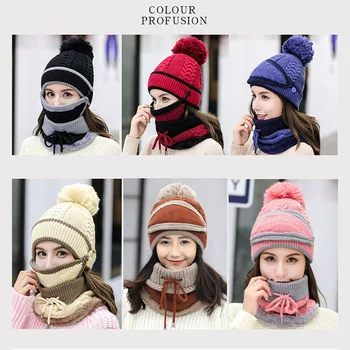 

Women Knitted Beanie Scarf Hat Face Mask Set Snood Neck Winter Pompom Cap Thicken SER88