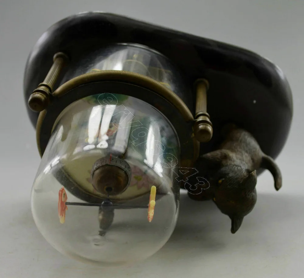 Collectible Decorated Old Handwork Copper Carved Cat Fish Mechanical Table Clock AAAAAAAAA Free shipping