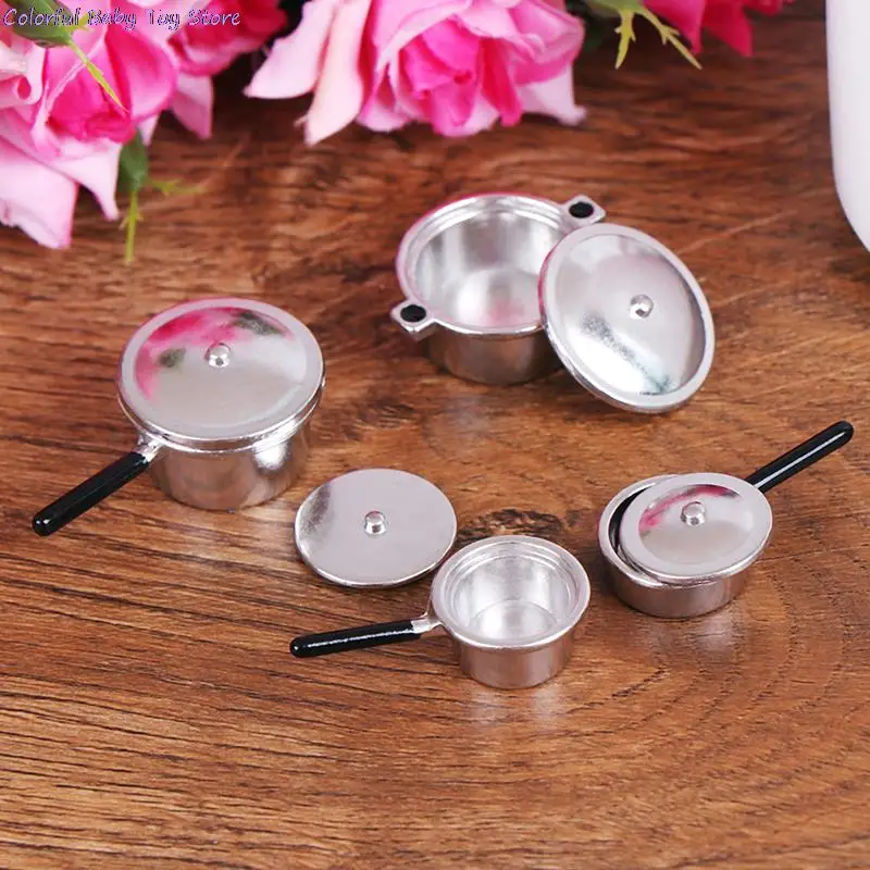 

4Pcs/bag Doll House Miniature 1:12 Mini Metal Pots And Pans Mini Simulation Kitchen Decoration Miniature Silver Soup Pan