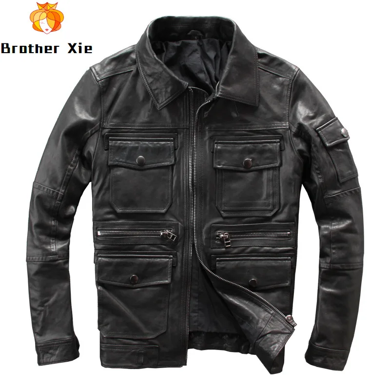 

2020 Vintage Men's 100% Genuine Leather Jacket Multi Pockets Motorcycle Jackets Real Cowhide Biker Coat for Male