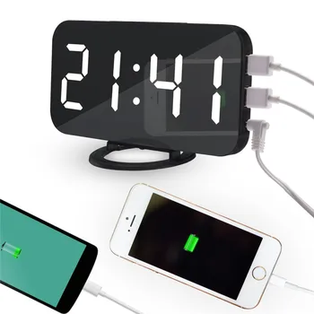 

new Digital LED Alarm Clock Mirror Clock Snooze Display Time Night Led Table Desk 2 USB Charge Ports for Androd Phone