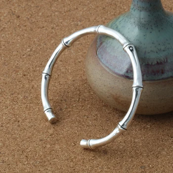 

Solid Pure Sterling Silver 925 Bamboo Knot Cuff Bangle Bracelet Men Women Vintage Thai Silver 925 Elegant Thin Band Bracelet