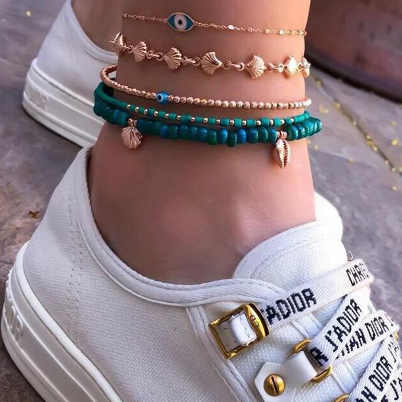 HuaTang 5pcs Boho Shell Strand Beads Anklets Set for Women Multilayers Blue Turkey Evil Eye Foot Chains Beach Jewelry 8841 HuaTang 5pcs Boho Shell Strand Beads Anklets Set for Women Multilayers Blue Turkey Evil Eye Foot Chains Beach Jewelry 8841
