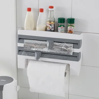 

Wall-mounted paper towel rack seasoning bottle storage rack kitchen storage box cling film cling bag tin foil cutter punch-free
