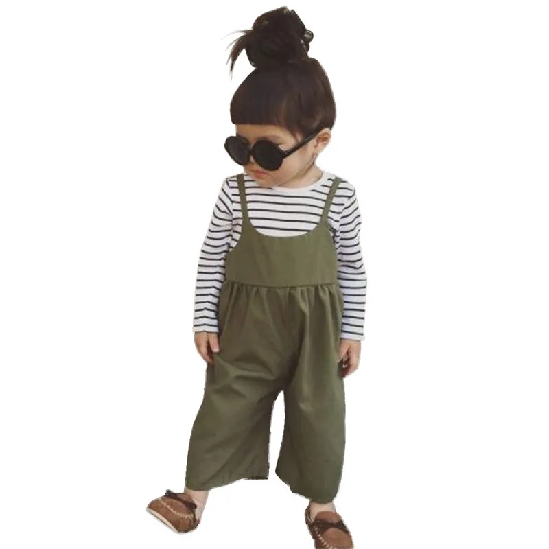 Girls Clothes Suit Autumn Navy Stripe Tshirt And Solid Color Suspenders Pants Kids Clothes Set 2019 Roupas infantis Menina D35