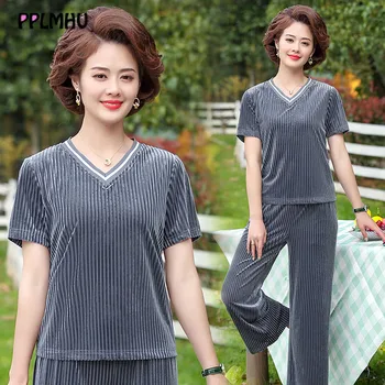 

3XL Middle Age Casual Velvet Set Two-piece Women V-neck Short Sleeve T-shirt And Loose Elastic Waist Pants Tracksuit Spring 2020