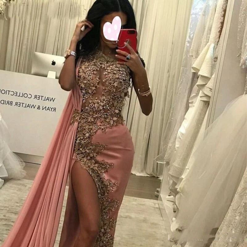 

Arabic Pink Sheath Evening Dresses One Shoulder Sexy Side Split Long Dubai Prom Dresses 2019 Elegant Lace Beads Formal Gowns