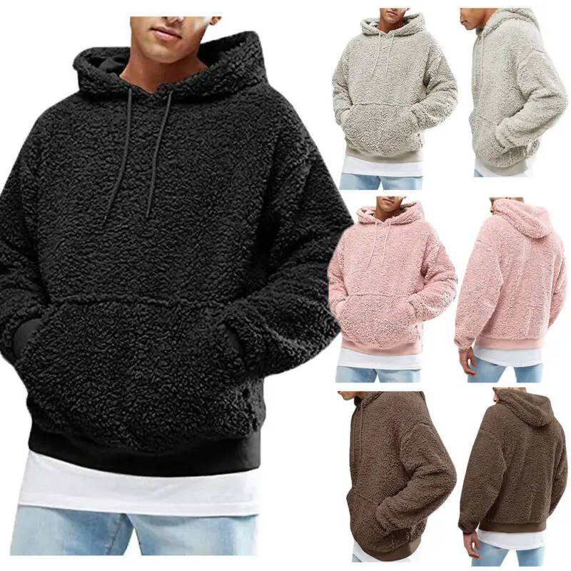 Mens Hoodies Sweatshirt Winter Warm Faux Fur Teddy Bear Long Sleeve Hooded Hoodie Tops Pullover Jumper Sweatshirts Men One Piece