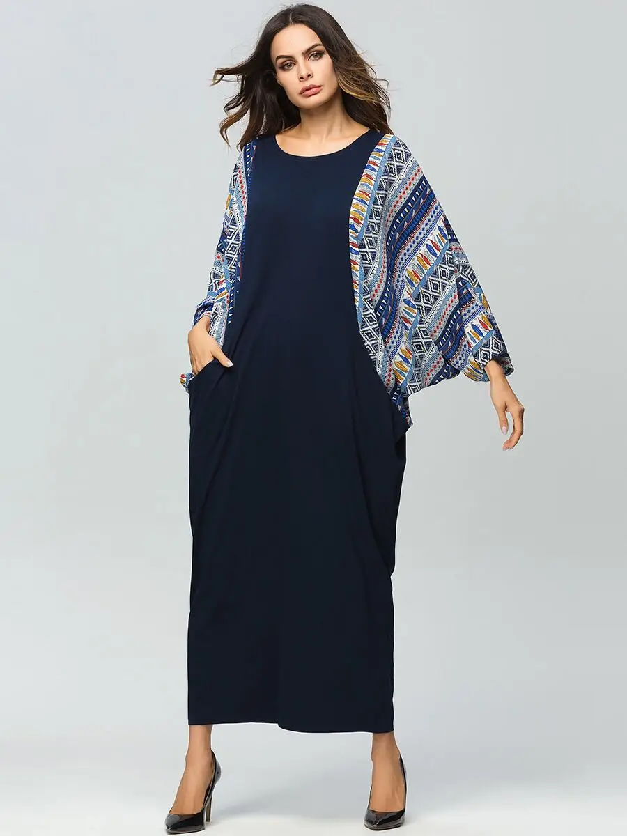 Длинное платье с рукавом летучая мышь, контрастный цвет, Винтажный дизайн, макси, зима-осень, городское повседневное мусульманское платье FQ181