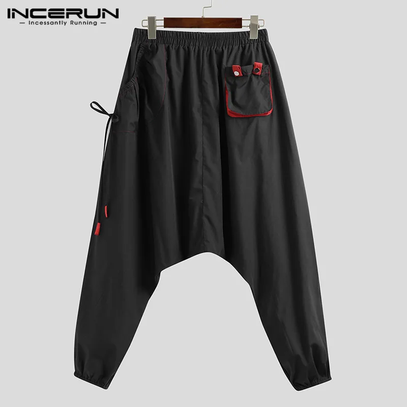Men Harem Pants Solid Color Joggers Streetwear Elastic Waist Loose Drop Crotch Trousers Men Pockets Fashion Pants INCERUN S-5XL men pants