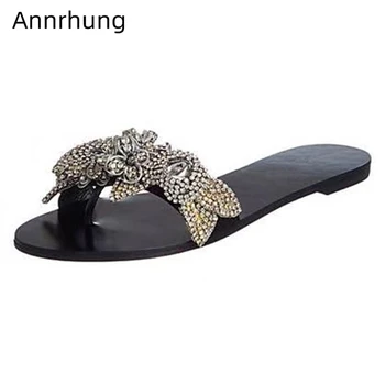 

New Summer Flip Flops Crystal Flower Slippers Women Open Toe Gold Black Flats Slingbacks Casual Slides Rhinestone Beach Shoes