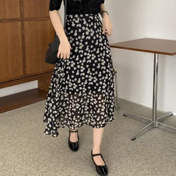 

Korean Midi Skirt Summer Boho Vintage Print Floral Skirt Harajuku Women Streetwear Female High Waist Skirts Maxi Chiffon Skirt