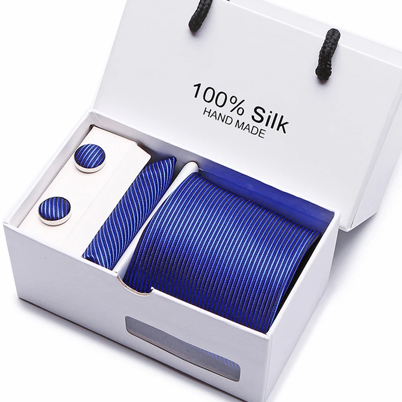 

2019 Luxury Classical 7.5cm Solid Tie For Mens Silk Necktie Hanky Gift Box Set Jacquard Men Tie Set With White Box