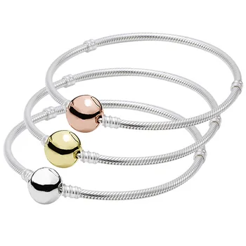 

New 925 Sterling Silver Bracelet Rose Gold Circular Clasp Snake Chain Basic Bracelets Bangle Fit Women Bead Charm Europe Jewelry