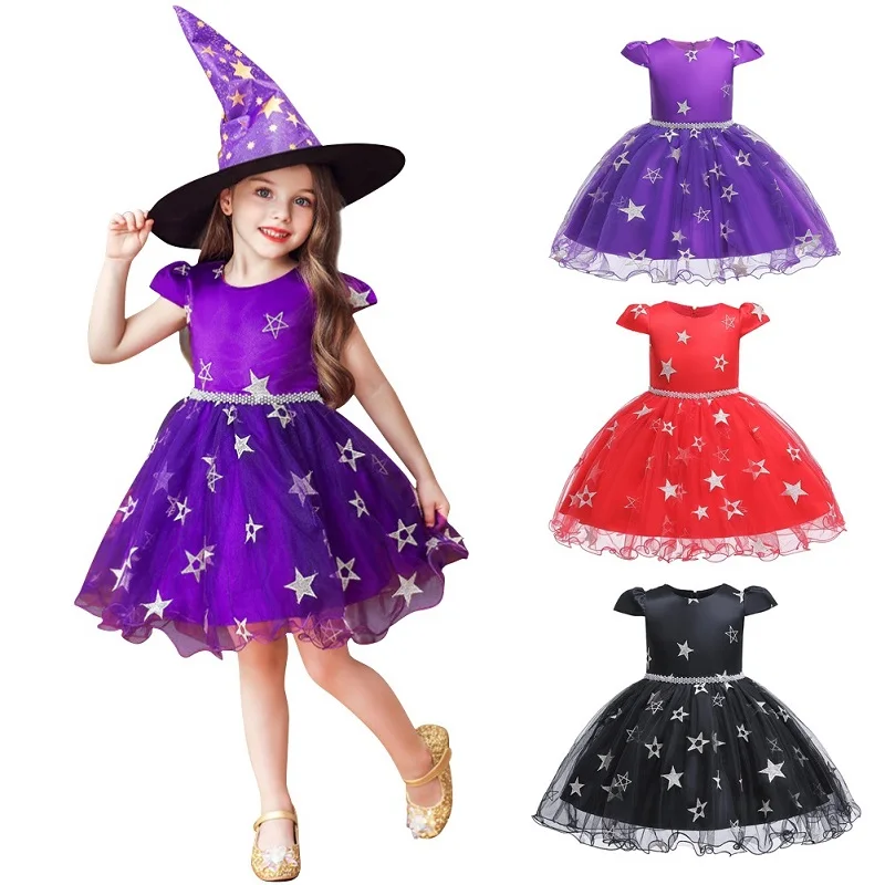 

Girls Halloween Cosplay Costume Children Witch Stars Pumpkin Bat Print Tulle Party Gown Kids Fancy Dress Up Outfit Clothes