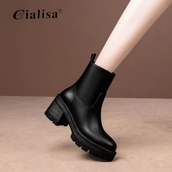 

CIALISA Ankle Boot Platform Chunky Heel Genuine Leather Round Toe High Heel Women Shoes 2020 Fashion New Design Slip On Boots