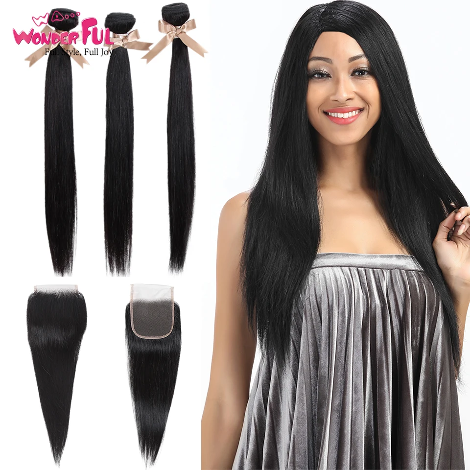 

Remy Human Hair Weave Bundles With Closure Brazilian Straight Hair 3/4 Bundles With Closure 8-28 Inch Fast Ship